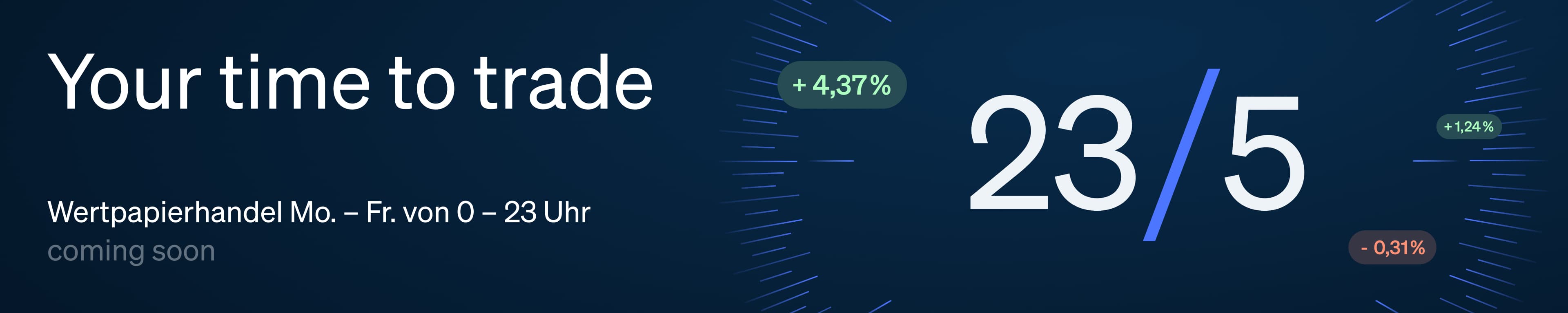 Dunkelblaue Grafik mit großem Schriftzug ‚23/5‘ und dem Claim ‚Your time to trade‘. Darunter: Wertpapierhandel Mo. bis Fr. von 0 bis 23 Uhr. Kursbewegungen wie +4,37 % und −0,31 % umgeben den Text.